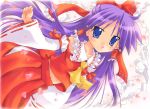  blue_eyes cherry_blossoms collarbone cosplay detached_sleeves frills hair_tubes hakurei_reimu hakurei_reimu_(cosplay) highres hiiragi_kagami japanese_clothes long_hair lucky_star midriff navel nyanmilla pleated_skirt purple_hair revision skirt solo touhou tsurime 