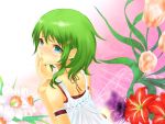  armband blue_eyes blush dress flower green_hair gumi hairclip lilies looking_back sad short_hair tears vocaloid 