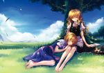  against_tree alice_margatroid apron barefoot blonde_hair book bow buttons cloud clouds dress feet flower grass hair_bow hairband hand_on_head hat hat_removed headwear_removed kieta kirisame_marisa landscape lap_pillow long_hair meadow mountain multiple_girls nature ribbons shade short_hair sitting sky sleeping smile touhou tree wavy_hair wind yellow_eyes 
