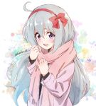  1girl absurdres blush bow bow_hairband fuusuke_(fusuke208) hairband headband highres kanaru_hanon long_hair long_sleeves looking_to_the_side pale_skin palette_project scarf silver_hair smile violet_eyes virtual_youtuber 