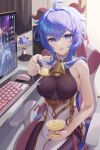 1girl absurdres ahoge breasts cleavage computer computer_keyboard female food ganyu_(genshin_impact) genshin_impact highres holding_food horns mouse parted_lips solo teeth zhenmingjiang 