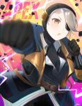  1girl :o apex_legends black_eyepatch black_gloves black_headwear black_jacket black_sweater clenched_hands deep_current_wattson electricity eyepatch gloves grey_hair highres jacket motion_blur official_alternate_costume one_eye_covered open_mouth peso_(honopesopeso) punching solo sweater wattson_(apex_legends) yellow_eyes 