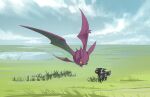  alternate_color animal_focus clouds crobat day eye_contact flying grass highres looking_at_another no_humans outdoors pokemon pokemon_(creature) shiny_pokemon sky two_pokemon umbreon 