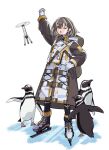  1girl arknights bangs bird brown_hair clenched_hand coat full_body gloves highres ice_skates long_sleeves looking_at_viewer magallan_(arknights) medium_hair multicolored_hair one_eye_closed open_mouth penguin simple_background skates two-tone_hair vegetable_noda white_background white_hair yellow_eyes 