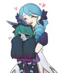  2girls :d absurdres bangs black_bow bow colored_skin cowboy_shot dress drill_hair eyebrows_visible_through_hair grey_background grey_dress grey_skin gwen_(league_of_legends) hair_bow happy heart height_difference highres holding_person hood hood_up hug league_of_legends multiple_girls oversized_clothes pants pink_eyes pink_pants puffy_short_sleeves puffy_sleeves short_sleeves simple_background smile teeth ttattashan_kolla twin_drills upper_teeth very_long_sleeves vex_(league_of_legends) yordle 