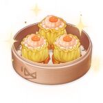  artist_request bamboo_steamer commentary dumpling english_commentary food food_focus genshin_impact lowres no_humans official_art roe shrimp shumai shumai_(food) sparkle still_life third-party_source transparent_background 
