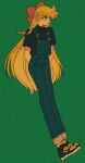  1girl aino_minako arms_behind_back bishoujo_senshi_sailor_moon blonde_hair blue_eyes bow commentary_request earrings film_grain full_body hair_bow jewelry long_hair looking_to_the_side overalls pikurusu red_bow shoes short_sleeves solo very_long_hair 