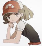  1girl bangs baseball_cap brown_eyes brown_hair closed_mouth commentary elaine_(pokemon) eyebrows_visible_through_hair from_side hand_up hat highres pokemon pokemon_(game) pokemon_lgpe red_headwear shirt short_sleeves simple_background smile solo umekobushi upper_body white_background 