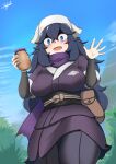  1girl @_@ akari_(pokemon) akari_(pokemon)_(cosplay) alternate_breast_size bangs black_hair black_legwear black_shirt blue_eyes blush breasts brown_bag clouds commentary_request cosplay day from_below hair_between_eyes hands_up head_scarf hex_maniac_(pokemon) highres holding holding_jar jacket jar john_(a2556349) long_hair looking_at_viewer looking_down mountain open_mouth outdoors pantyhose pokemon pokemon_(game) pokemon_legends:_arceus pokemon_xy purple_jacket purple_scarf purple_skirt sash scarf shirt signature skirt sky smile solo spread_fingers white_headwear 