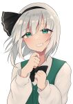  1girl :d bangs black_bow black_bowtie blue_eyes blunt_bangs blush bow bowtie breasts buttons collared_shirt commentary_request eyelashes green_vest hair_between_eyes hairband happy highres ichigo_mogu_15 konpaku_youmu looking_at_viewer open_mouth parted_lips pocket puffy_short_sleeves puffy_sleeves shiny shirt short_hair short_sleeves sidelocks silver_hair simple_background small_breasts smile solo standing touhou upper_body vest white_background white_shirt wing_collar 