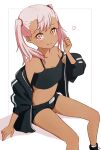  1girl absurdres bangs blush breasts chloe_von_einzbern dark-skinned_female dark_skin fate/kaleid_liner_prisma_illya fate_(series) hair_between_eyes highres kopaka_(karda_nui) long_hair looking_at_viewer orange_eyes pink_hair sidelocks sitting small_breasts smile solo twintails 