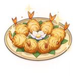  artist_request commentary english_commentary flower food food_focus genshin_impact leaf lowres no_humans official_art plate shrimp sparkle still_life third-party_source transparent_background white_flower 