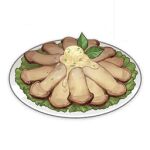 artist_request butter commentary english_commentary food food_focus garnish genshin_impact leaf lettuce lowres mushroom muted_color no_humans official_art plate still_life third-party_source transparent_background 
