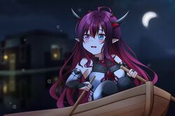  1girl absurdres black_legwear blue_eyes heterochromia highres holding holding_oar hololive hololive_english horns irys_(hololive) jan_azure long_hair looking_away night oar outdoors parted_lips pointy_ears redhead rowboat sitting solo thigh-highs violet_eyes virtual_youtuber 