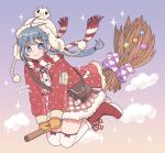  1girl bangs blue_eyes blue_hair boots braid broom broom_riding christmas coat fur_trim gloves hair_ornament hairclip highres long_hair nokanok original red_coat red_footwear scarf side_braid smile symbol-only_commentary thigh-highs white_headwear white_legwear yellow_gloves 