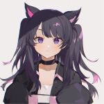  1girl animal_ears bangs black_choker black_hair black_jacket blush cat_ears cat_girl choker eyebrows_behind_hair frown grey_background highres indie_virtual_youtuber jacket nima_(nimamann) portrait second-party_source shimotsuki_miri shirt sleeves_past_fingers sleeves_past_wrists smile solo two_side_up virtual_youtuber white_shirt 