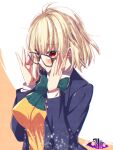  1girl adjusting_eyewear alternate_costume antenna_hair arcueid_brunestud artist_name bangs black-framed_eyewear blonde_hair blue_jacket blush bow bowtie breasts cardigan ciel_(tsukihime) ciel_(tsukihime)_(cosplay) collared_shirt commentary_request cosplay eyebrows_visible_through_hair glasses green_bow hair_between_eyes highres jacket large_breasts long_sleeves open_clothes open_jacket red_eyes school_uniform shirt short_hair solo tajima_yoshikazu tsukihime tsukihime_(remake) uniform upper_body white_shirt yellow_cardigan 