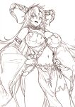  1girl :d breasts brown_theme detached_sleeves fangs fediel_(granblue_fantasy) granblue_fantasy hands_on_hips horns houtengeki large_breasts long_hair long_sleeves looking_at_viewer monochrome navel open_mouth pelvic_curtain simple_background smile solo standing white_background 