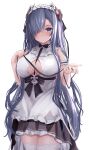  1girl apron august_von_parseval_(azur_lane) august_von_parseval_(the_conquered_unhulde)_(azur_lane) azur_lane between_breasts black_dress breasts clothing_cutout cross-laced_dress curled_horns dress frilled_apron frills hair_over_one_eye highres horns large_breasts long_hair mechanical_horns official_alternate_costume purple_hair simple_background sleeveless sleeveless_dress solo standing strap_between_breasts thigh-highs two-tone_dress underboob_cutout very_long_hair violet_eyes white_apron white_background white_dress white_legwear yuuki_shuri zettai_ryouiki 