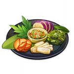  artist_request bowl carrot commentary english_commentary food food_focus genshin_impact leaf lowres no_humans official_art plate radish still_life third-party_source transparent_background vegetable 