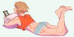  1girl apex_legends ass barefoot blonde_hair blue_eyes blue_shorts crop_top english_commentary freckles from_side holding holding_phone lila_(lilakeylk) looking_at_viewer looking_back lying on_stomach orange_shirt phone pillow scar scar_on_arm scar_on_back scar_on_cheek scar_on_face scar_on_leg shirt short_hair short_shorts shorts soles solo wattson_(apex_legends) 