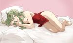  1girl alternate_hairstyle bangs commentary dress english_commentary eyebrows_visible_through_hair fire_emblem fire_emblem_awakening fire_emblem_heroes green_eyes green_hair hair_between_eyes jewelry long_hair looking_at_viewer lying on_bed one_eye_closed open_mouth pillow pointy_ears red_dress sakuremi short_dress signature sleepy sleeveless sleeveless_dress solo strapless strapless_dress teeth thighs tiki_(fire_emblem) tongue upper_teeth yawning 