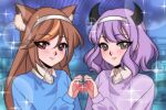  1990s_(style) 2girls animal_ear_fluff animal_ears blue_sweater brown_hair collared_shirt commission eris_graye_(artist) hairband hazumi_aileen heart heart_hands heart_hands_duo highres horns indie_virtual_youtuber lens_flare lion_ears lion_girl multiple_girls purple_hair purple_sweater retro_artstyle second-party_source shirt smile sparkle sweater taro_tapioca violet_eyes virtual_youtuber white_hairband white_shirt 