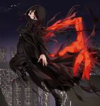  1girl bangs black_cloak black_eyes black_hair building city_lights cloak commentary_request fate/strange_fake fate_(series) fingernails glowing glowing_arm highres hood hood_up hooded_cloak jumping long_sleeves looking_at_viewer moon night no_name_assassin_(fate) nw_0925 outdoors sky solo zabaniya_(fate) 