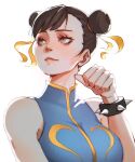  1girl alternate_costume bare_shoulders bracelet brown_hair chun-li closed_mouth double_bun highres jewelry looking_away looking_to_the_side short_hair simple_background solo spiked_bracelet spikes street_fighter upper_body white_background whysoblau 