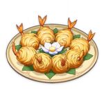  artist_request commentary english_commentary flower food food_focus genshin_impact leaf lowres no_humans official_art plate shrimp still_life third-party_source transparent_background white_flower 