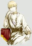  1boy alternate_costume arabian_clothes blonde_hair bracelet bridal_gauntlets changye earrings fate/grand_order fate/stay_night fate_(series) gilgamesh_(fate) jewelry male_focus neck_ring red_eyes sash solo v-neck 