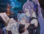  2girls bare_shoulders blue_hair blurry blurry_background breasts clouds detached_sleeves earrings fingernails ganyu_(genshin_impact) genshin_impact goat_horns hair_cones horns jewelry keqing_(genshin_impact) keqing_(opulent_splendor)_(genshin_impact) large_breasts long_hair multiple_girls nail_polish negom night night_sky official_alternate_costume outdoors purple_hair purple_nails sky sleeping twintails yuri 