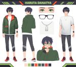  1boy absurdres aoi_id blue_hair character_sheet full_body glasses green_eyes green_hoodie haruta_danantya highres hood hoodie jewelry male_focus necklace official_art shirt solo virtual_youtuber white_shirt 