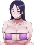  1girl absurdres bangs bikini black_choker breasts choker closed_mouth eyepatch_bikini fate/grand_order fate_(series) guhanshounen highres large_breasts long_hair looking_at_viewer minamoto_no_raikou_(fate) minamoto_no_raikou_(swimsuit_lancer)_(fate) parted_bangs pink_bikini purple_hair simple_background skindentation smile solo swimsuit violet_eyes white_background 