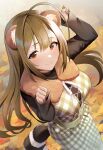  1girl absurdres ahoge animal_ears autumn_leaves blush breasts brown_hair dutch_angle from_above fur_trim highres idolmaster idolmaster_shiny_colors kuwayama_chiyuki large_breasts long_hair long_sleeves looking_at_viewer paw_pose signature smile solo tail uouokuma 