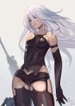  1girl android bare_shoulders black_gloves black_legwear blue_eyes breasts cowboy_shot dated elbow_gloves english_commentary gloves joints long_hair medium_breasts mole mole_under_mouth nier_(series) nier_automata sakumichi silver_hair solo sword thigh-highs weapon white_hair yorha_type_a_no._2 