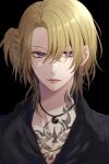  1boy blonde_hair collared_shirt highres jewelry looking_to_the_side luca_kaneshiro male_focus necklace nijisanji pale_skin shirt short_sidetail solo sorano tattoo violet_eyes 