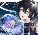  1boy axia_krone black_hair blue_background blue_eyes bouquet fangs flower highres looking_at_viewer looking_to_the_side male_focus nijisanji pale_skin smile solo sorano star_(symbol) 