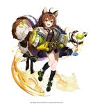  1girl 2020 ahoge animal_ears bag bangs bow brown_hair character_request company_name copyright dress floating full_body grey_eyes highres holding holding_staff jacket lentain low_twintails official_art open_clothes open_jacket open_mouth pinafore_dress shoes shoulder_bag sidelocks simple_background smile socks solo squirrel_ears squirrel_girl squirrel_tail staff tail twintails v white_background wild_girls 