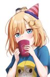  1girl absurdres blonde_hair blue_eyes blue_shirt covering_mouth cup eyebrows_visible_through_hair gawr_gura hat highres holding holding_cup hololive hololive_english jan_azure looking_at_viewer party_hat shirt short_hair short_sleeves solo upper_body virtual_youtuber watson_amelia 