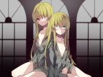  2girls absurdres artist_name bangs black_souls blonde_hair breasts bright_pupils buttons chinese_commentary collarbone eyebrows_visible_through_hair eyepatch grey_shirt hair_between_eyes highres light_blue_eyes long_hair long_sleeves looking_at_viewer multiple_girls pupa_jiang red_eyes shirt siblings sidelocks sisters small_breasts tweedle_dee_(black_souls) tweedle_dum_(black_souls) twins white_eyepatch white_pupils 