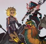  1boy 1girl :/ animal armor bangs black_gloves blonde_hair breasts brown_pants clenched_hand fingerless_gloves gloves grey_background highres holding holding_polearm holding_weapon horse kled lance league_of_legends medium_breasts medium_hiar outline over_shoulder pants polearm ratatatat74 rell_(league_of_legends) sharp_teeth simple_background skaarl standing sweatdrop teeth tongue tongue_out weapon weapon_over_shoulder white_outline yellow_eyes yordle 