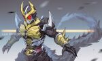  1boy altering_(agito) armor black_bodysuit bodysuit driver gauntlets gold_armor highres jiuri_jiuhao kamen_rider kamen_rider_agito kamen_rider_agito_(series) outstretched_arms powering_up red_eyes rider_belt spiked_armor spread_arms stylistic tokusatsu upper_body 