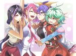  4girls :d ahoge belt blue_hair bow bracelet_girls choker closed_eyes earrings fingerless_gloves gloves green_eyes green_hair group_hug hair_bow hiiragi_yuzu hug jacket jewelry kurosaki_ruri multicolored_hair multiple_girls necktie open_mouth pink_eyes pink_hair ponytail purple_hair rin_(yuu-gi-ou_arc-v) serena_(yuu-gi-ou_arc-v) short_twintails simple_background sleeveless smile twintails two-tone_hair white_background yellow_eyes yu-gi-oh! yu-gi-oh!_arc-v yuu-gi-ou yuu-gi-ou_arc-v zipper 