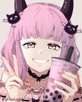  1girl black_choker black_eyes bubble_tea choker collarbone cup drinking_straw english_commentary eyebrows_visible_through_hair grey_background highres holding holding_cup horns indie_virtual_youtuber looking_at_viewer medium_hair off-shoulder_shirt off_shoulder parted_lips portrait purple_hair purple_shirt shirt smile solo taro_tapioca twitter_username v violet_eyes virtual_youtuber yoonyoon 