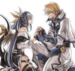  1boy 1girl angel_wings blonde_hair blue_eyes blue_hair bow dizzy_(guilty_gear) dong_hole eye_contact fingerless_gloves gloves guilty_gear hair_bow highres husband_and_wife kneeling ky_kiske looking_at_another red_eyes simple_background tail tail_bow tail_ornament wings 