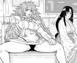  2girls :&lt; abs bb_(baalbuddy) big_hair breasts closed_mouth commentary english_commentary greyscale hakama hakama_skirt headband highres japanese_clothes large_breasts looking_at_viewer manspreading monochrome multiple_girls navel open_mouth panties pantyshot queen&#039;s_blade risty sitting skirt spread_legs subway tomoe_(queen&#039;s_blade_unlimited) underwear 
