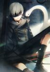  1boy android animal bird black_blindfold blindfold boots cable choker commentary_request gloves light_particles male_focus md5_mismatch nier_(series) nier_automata pale_skin shorts sitting solo steel_beam swan takerusilt white_hair wire yorha_no._9_type_s 