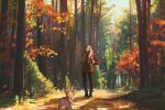  1girl animal ass autumn black_footwear black_legwear boots brown_hair closed_mouth dog english_commentary forehead forest highres legs_apart long_hair nature original painting road scenery shadow sketch smile snatti solo standing tree welsh_corgi 