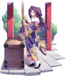  1girl ark_order artist_request bangs black_footwear clannad fence floral_print full_body fur_collar hair_bobbles hair_intakes hair_ornament ichinose_kotomi japanese_clothes kimono long_hair long_sleeves looking_at_viewer official_art okobo print_kimono purple_hair purple_kimono shrine_bell sidelocks solo stone_floor tabi transparent_background tree two_side_up violet_eyes white_legwear wide_sleeves 